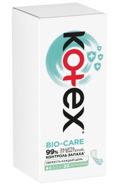Изображение товара Прокладки ежедневные Котекс bio-care с антибактериальным слоем экстратонкие 20шт Прокладки ежедневные Котекс bio-care с антибактериальным слоем экстратонкие 20шт фотография