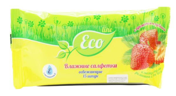 Салфетки влажные русалочка eco line освежающие (клубника) 15шт фотография