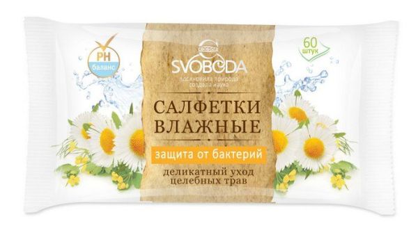 Изображение товара Салфетки Свобода влажные деликатный уход нежных трав антибактериальные 60шт Салфетки Свобода влажные деликатный уход нежных трав антибактериальные 60шт фотография